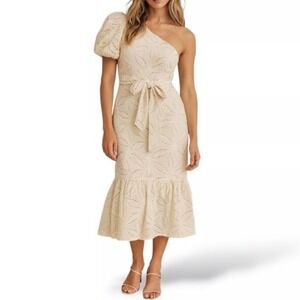 Gibson Latimer One Shoulder Cotton Eyelet Midi Dress Off Shoulder Large *READ*